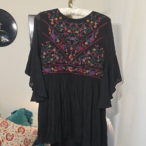Umgee Folk Embroidered Black Peasant Dress with Trumpet Sleeves